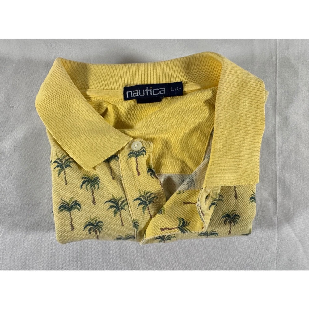VTG 90s Nautica Mens Yellow Palm Tree Print Pique Polo Short Sleeve Size Large